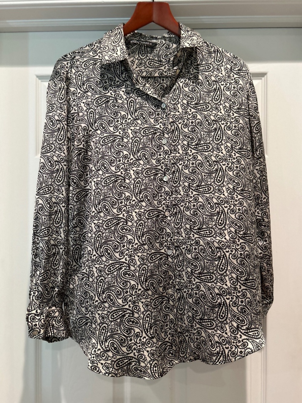 Zara Paisley Black and White Button Down Blouse Satin feel Polyester Med